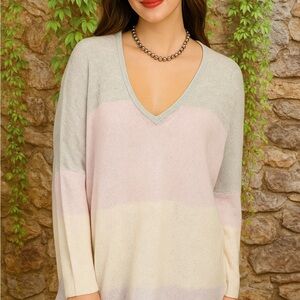 NEW HIGHLAND Pastel Striped Cashmere V-Neck Sweater, M